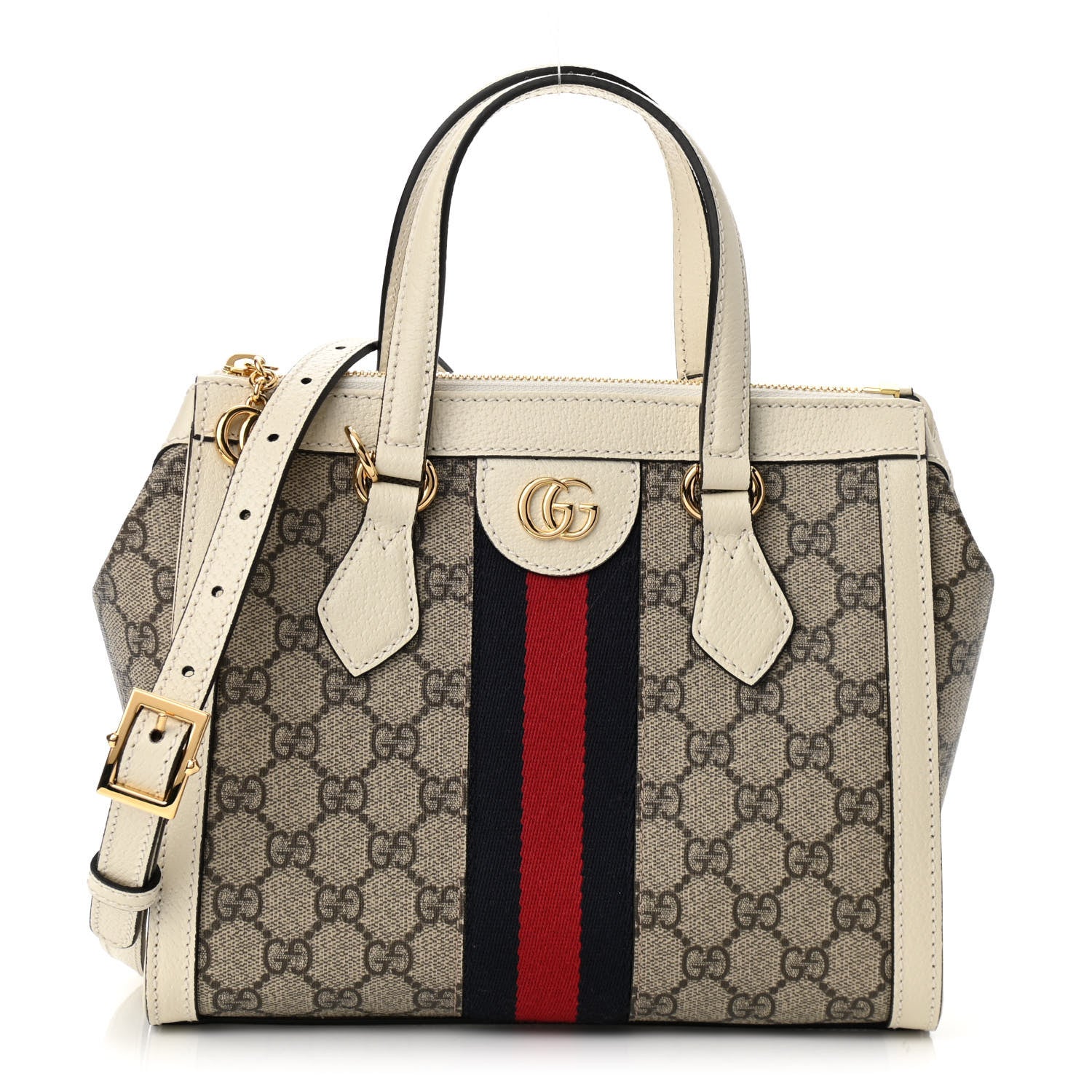 Gucci GG Supreme Monogram Textured Dollar Calfskin Web Small Ophidia Tote Bag Beige Ebony Mystic White 1 of 10