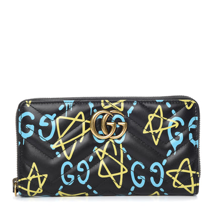 Gucci Calfskin Matelasse GucciGhost GG Marmont Zip Around Wallet Black New Acquamarine 1 of 11