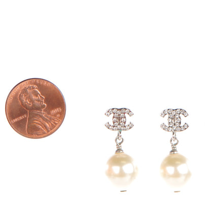 Chanel Crystal Pearl CC Drop Earrings Silver 2 of 5