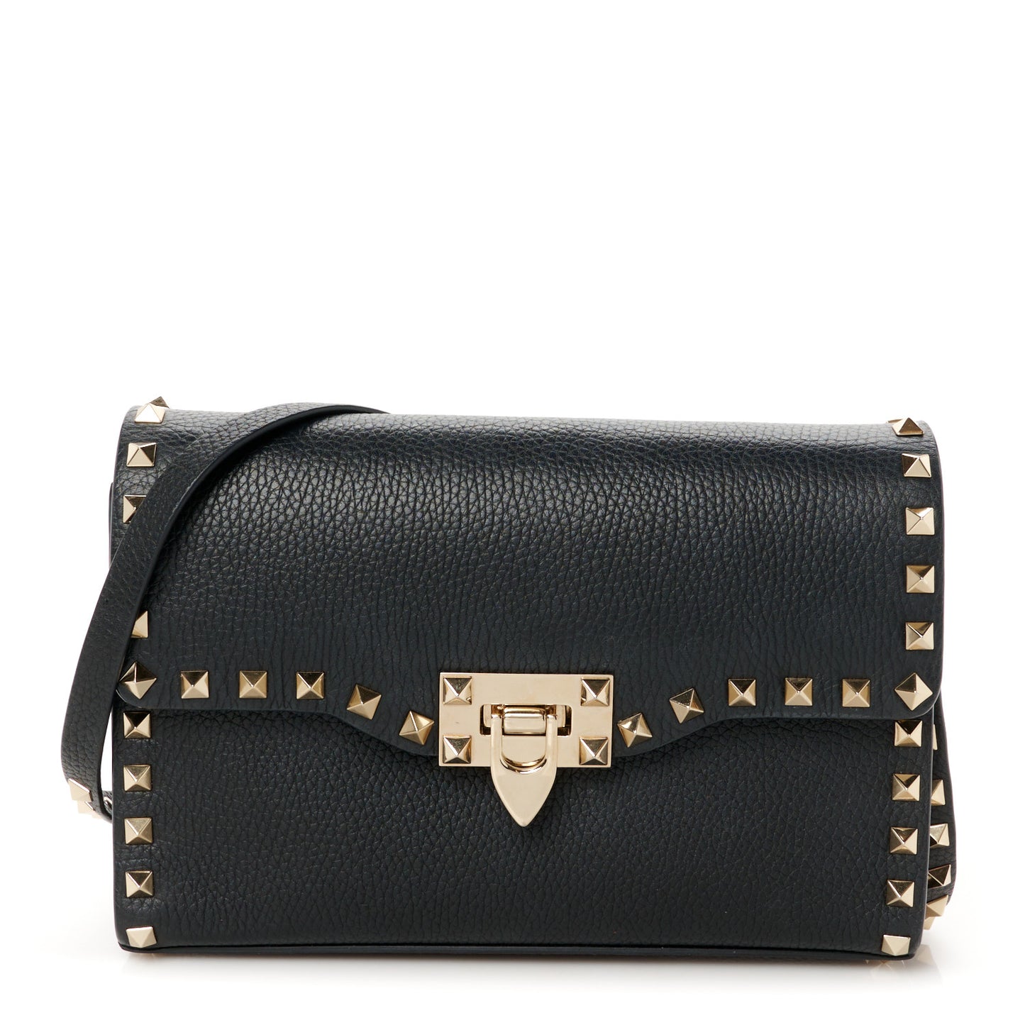 Pebbled Calfskin Medium Rockstud Flip Lock Crossbody Bag Black