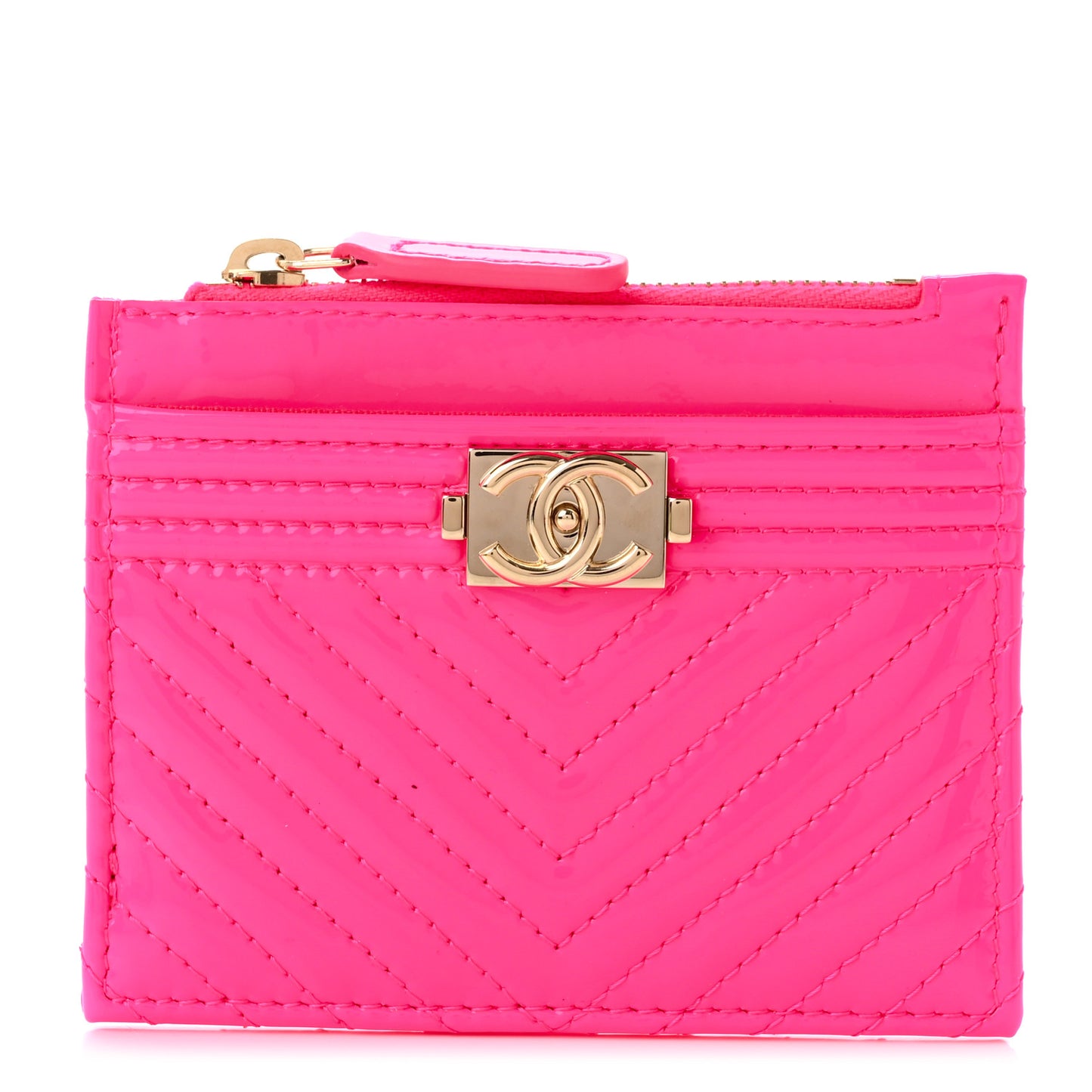 Patent Chevron Quilted Boy Zip Card Holder Pink