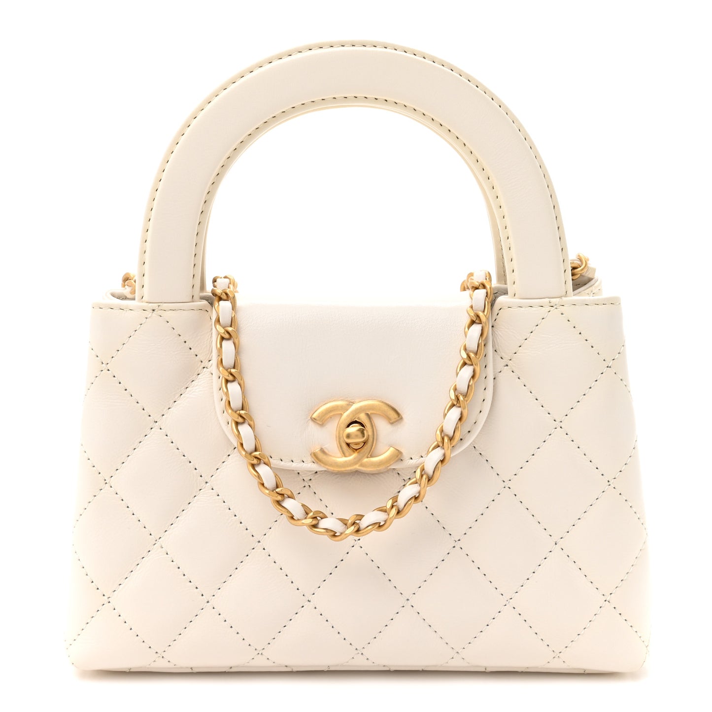 Shiny Aged Calfskin Quilted Nano Kelly Shopper White