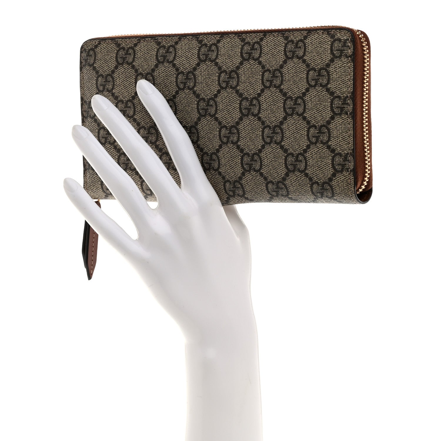 Gucci GG Supreme Monogram Cuoio Toscano Zip Around Wallet Beige Ebony Cuir 2 of 7