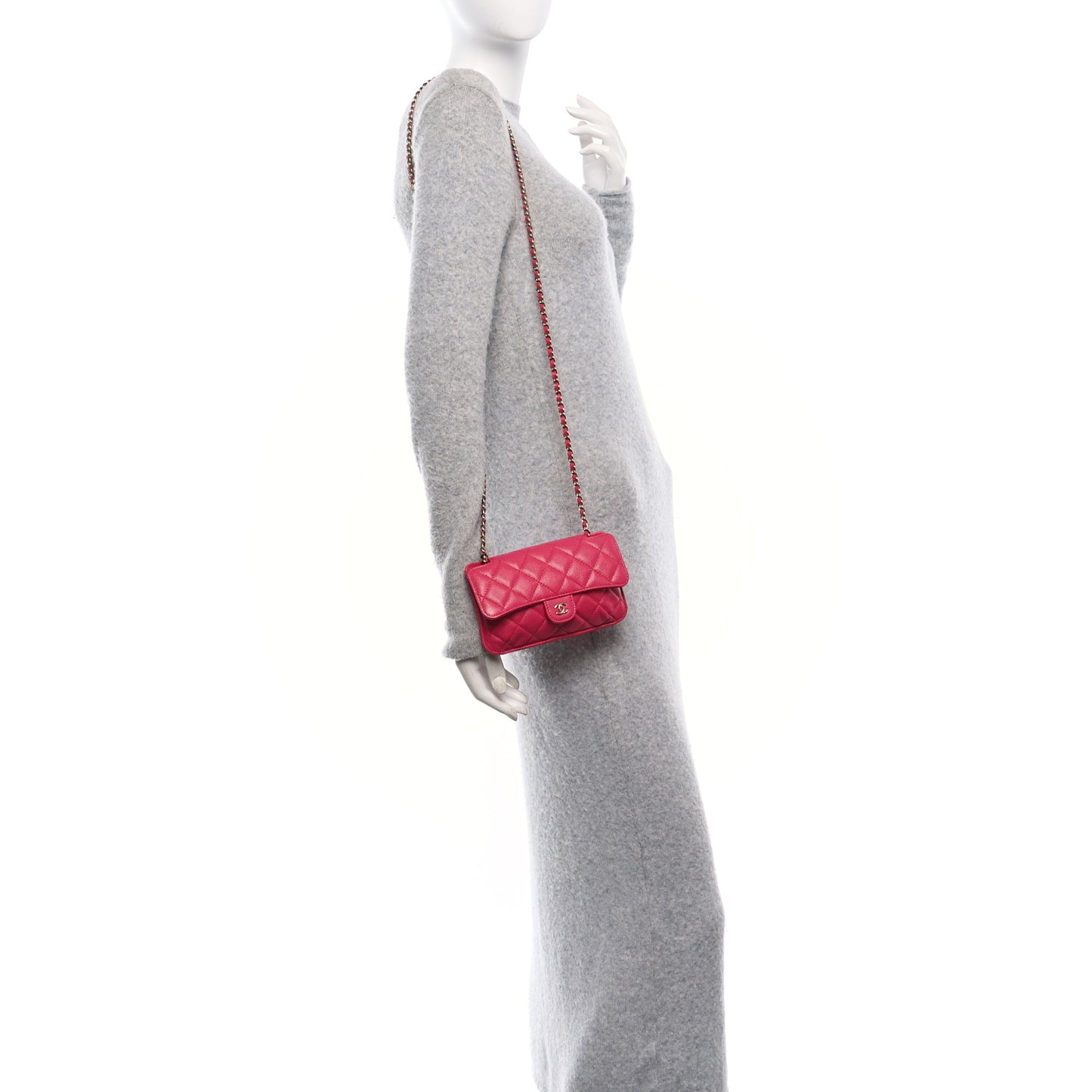 Caviar Fabric Quilted Foldable Tote With Chain Pink Multicolor