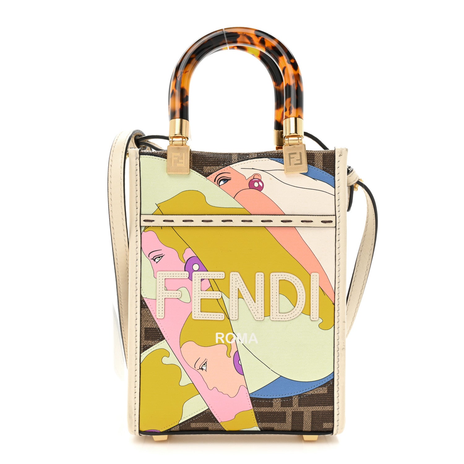 Fendi Glazed Fabric Vitello King Plexiglass FF 1974 Logo Hairdo Girls Inlay Mini Fendi Sunshine Shopper Tote Mogano Panna Multicolor 1 of 15