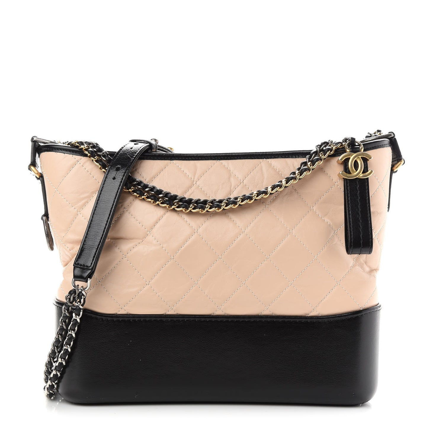 Aged Calfskin Quilted Medium Gabrielle Hobo Beige Black
