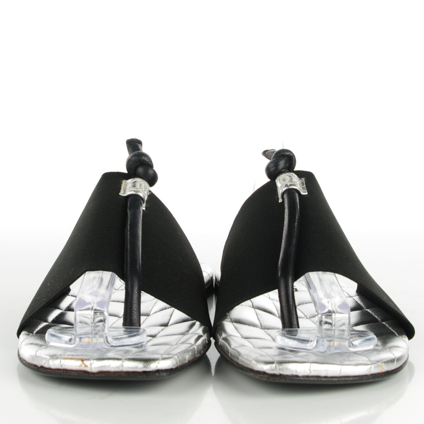 Elastic Lambskin Quilted Sandals 38 Black Silver