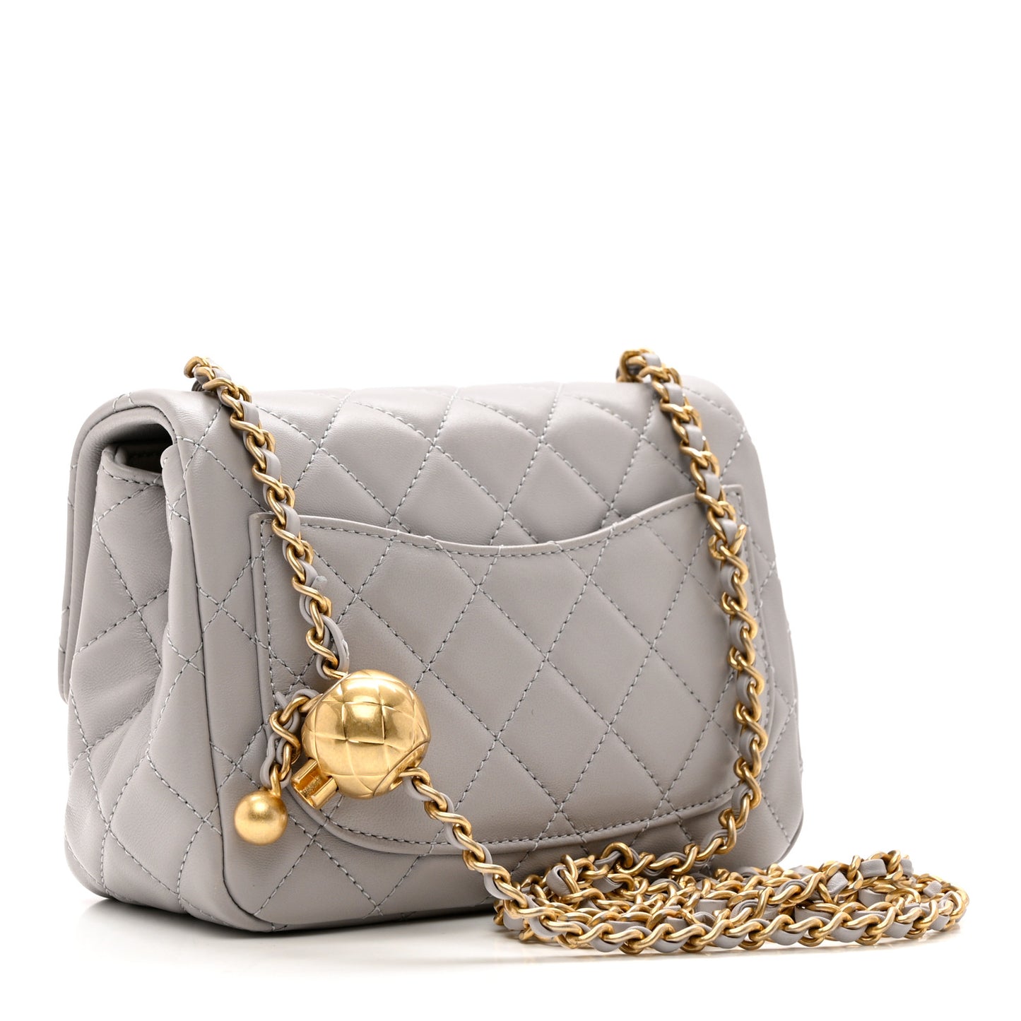 Lambskin Quilted Mini Pearl Crush Flap Light Grey