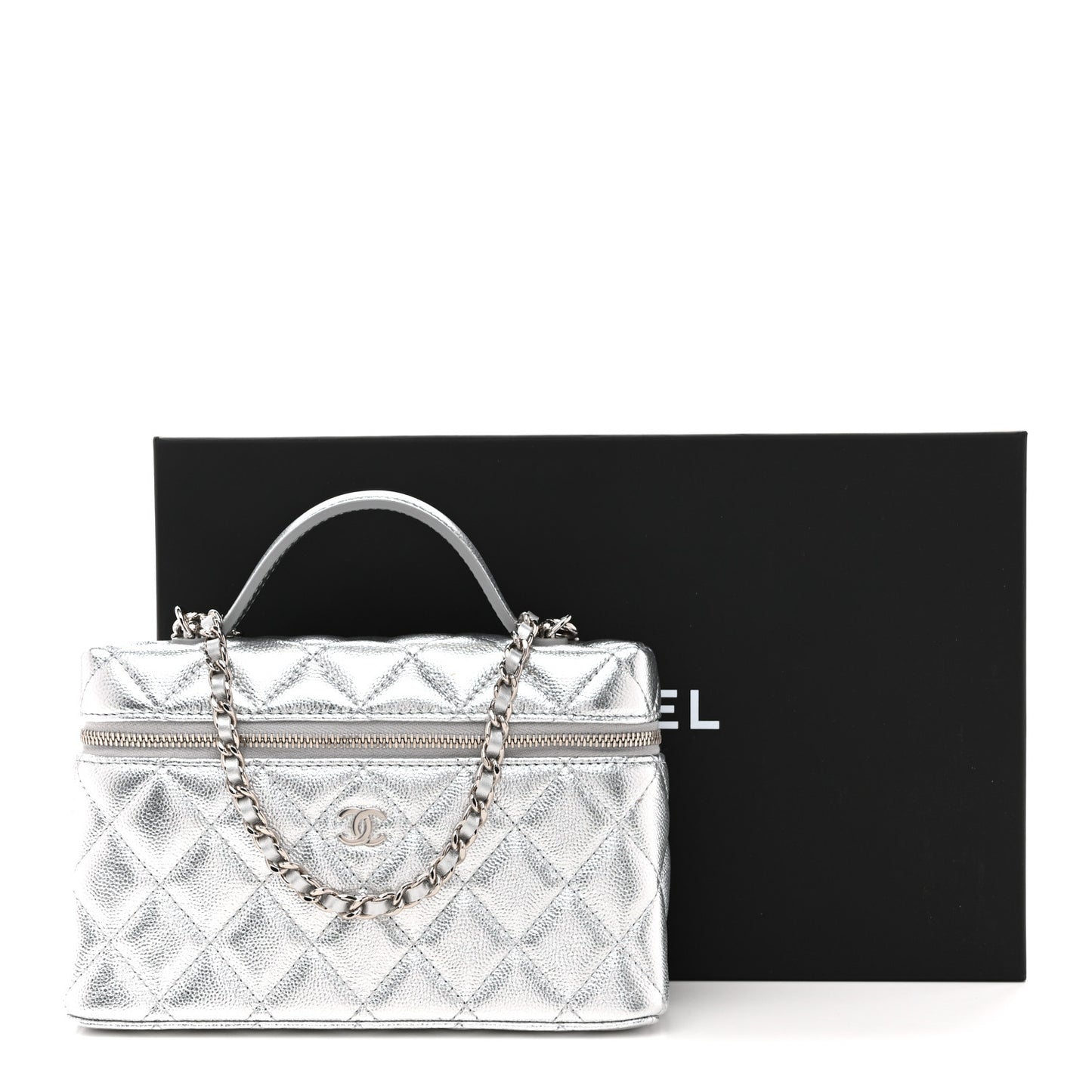 Metallic Caviar Quilted Top Handle Slim Vanity Case With Chain Silvery