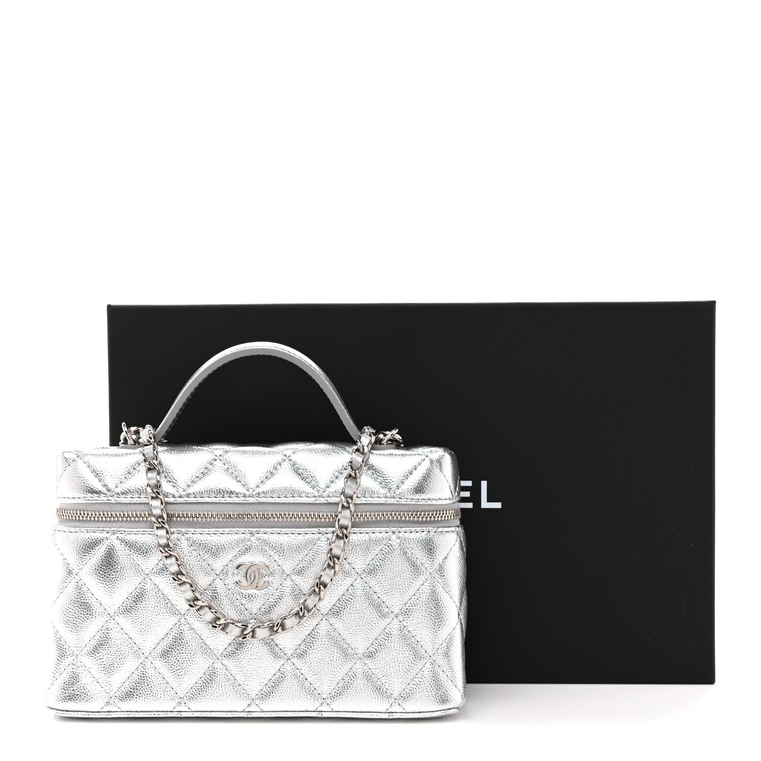 Chanel Metallic Caviar Quilted Top Handle Slim Vanity Case With Chain Silvery 11 of 11