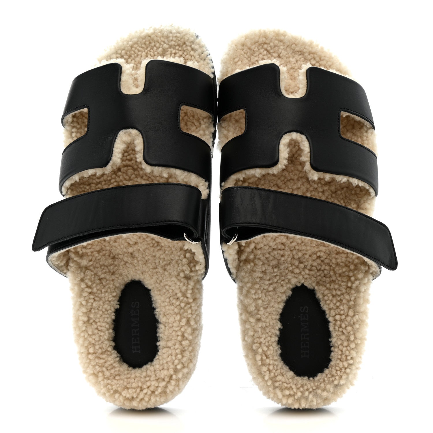Hermes Calfskin Woolskin Womens Chypre Sandals 39 Black Ecru 2 of 9