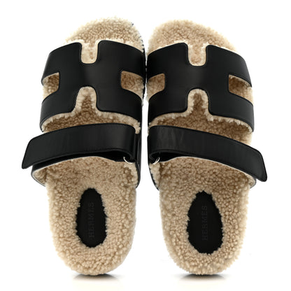 Hermes Calfskin Woolskin Womens Chypre Sandals 39 Black Ecru 2 of 9
