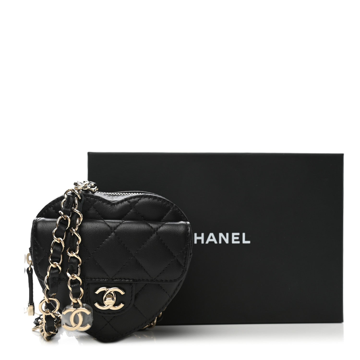 Chanel Lambskin Quilted CC In Love Heart Waist Belt Bag With Chain Black 11 of 11