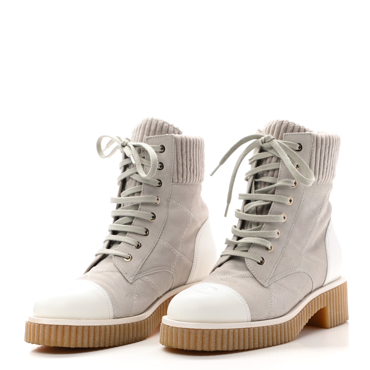 Suede Calfskin Velvet Quilted CC Combat Boots 37.5 Grey