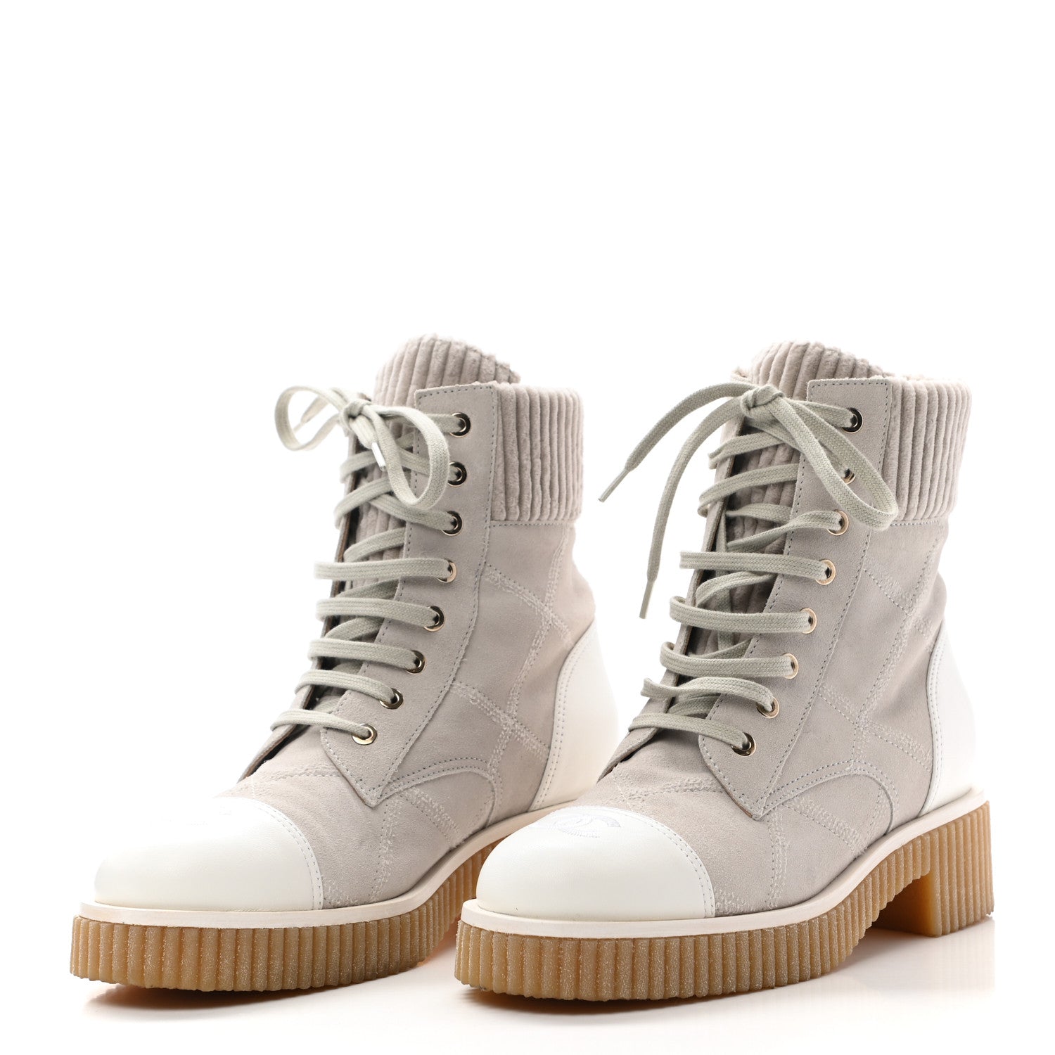 Chanel Suede Calfskin Velvet Quilted CC Combat Boots 37.5 Grey 3 of 8