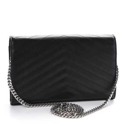 Saint Laurent Grain De Poudre Matelasse Chevron Monogram Chain Wallet Black 4 of 12