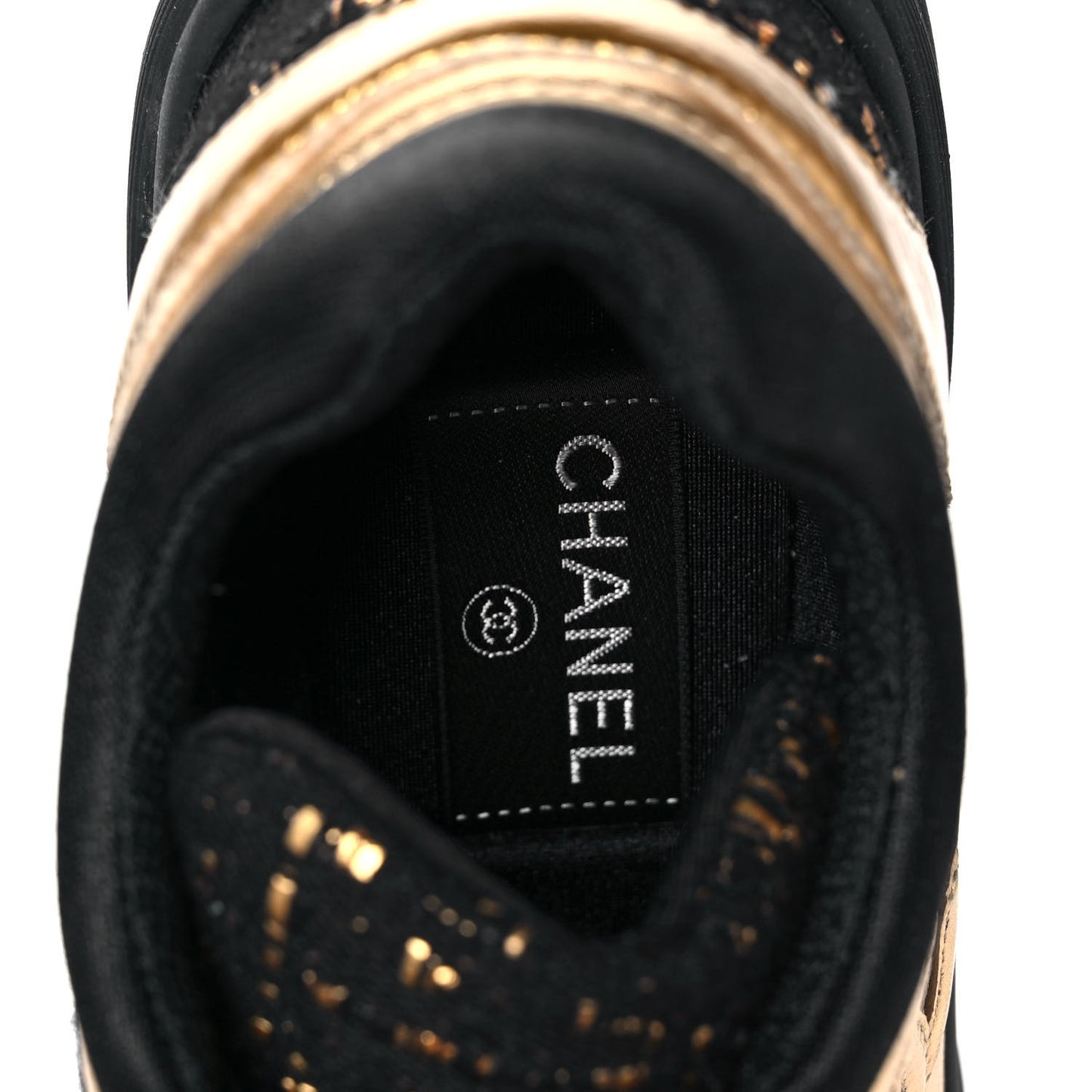 Satin Lambskin Fabric Tweed CC Sneakers 38.5 Gold Black