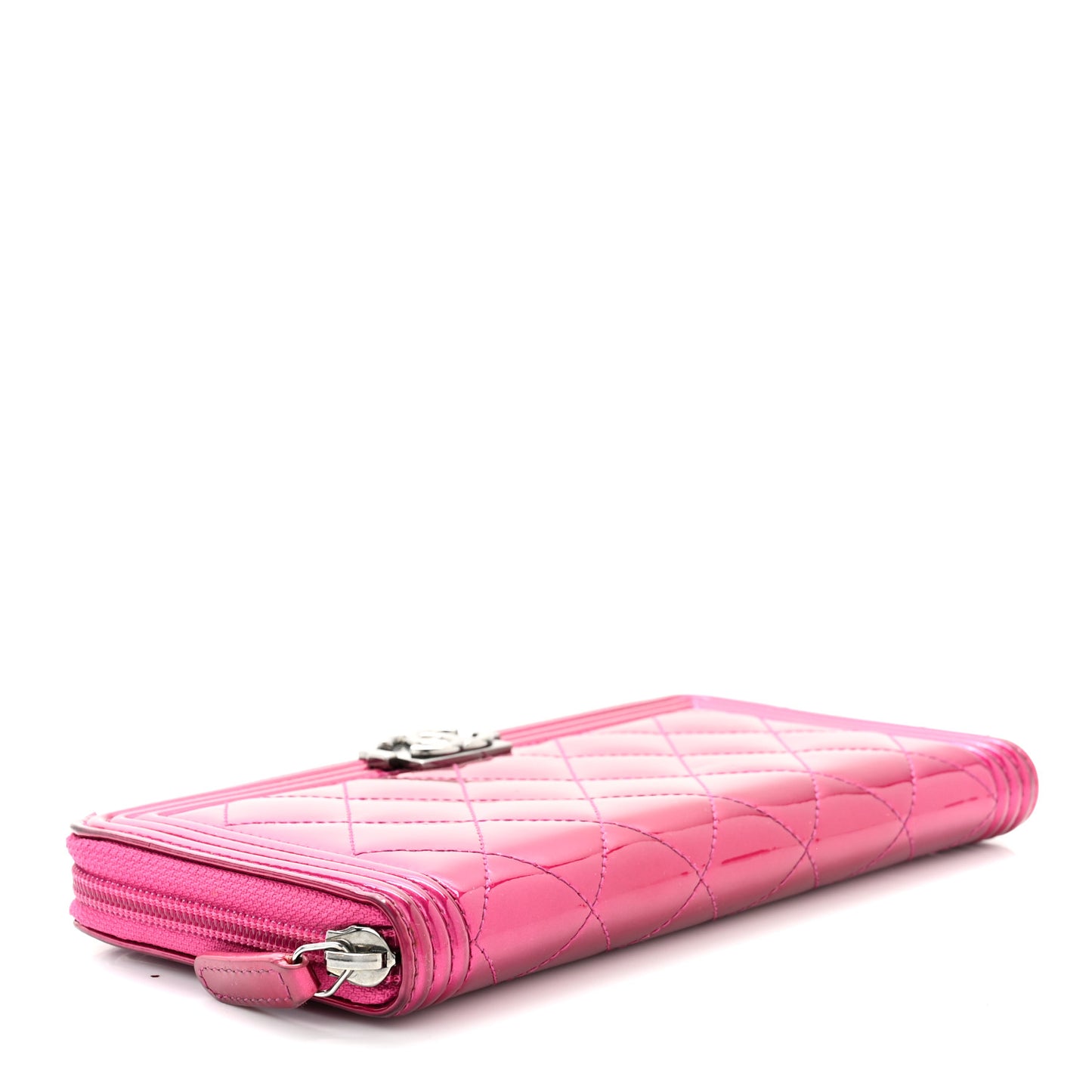 Metallic Patent Calfskin Quilted Boy L-Gusset Zip Wallet Pink