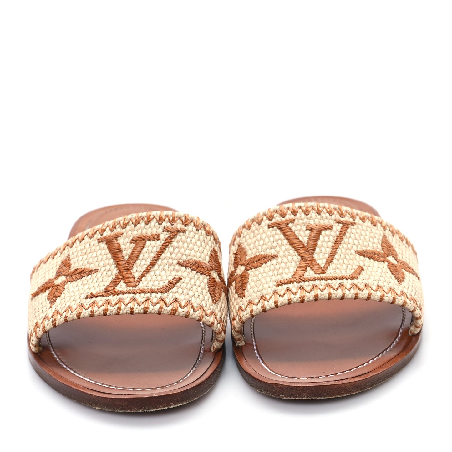 Raffia Calfskin Monogram Lock It Flat Mules 39.5 Cognac Brown