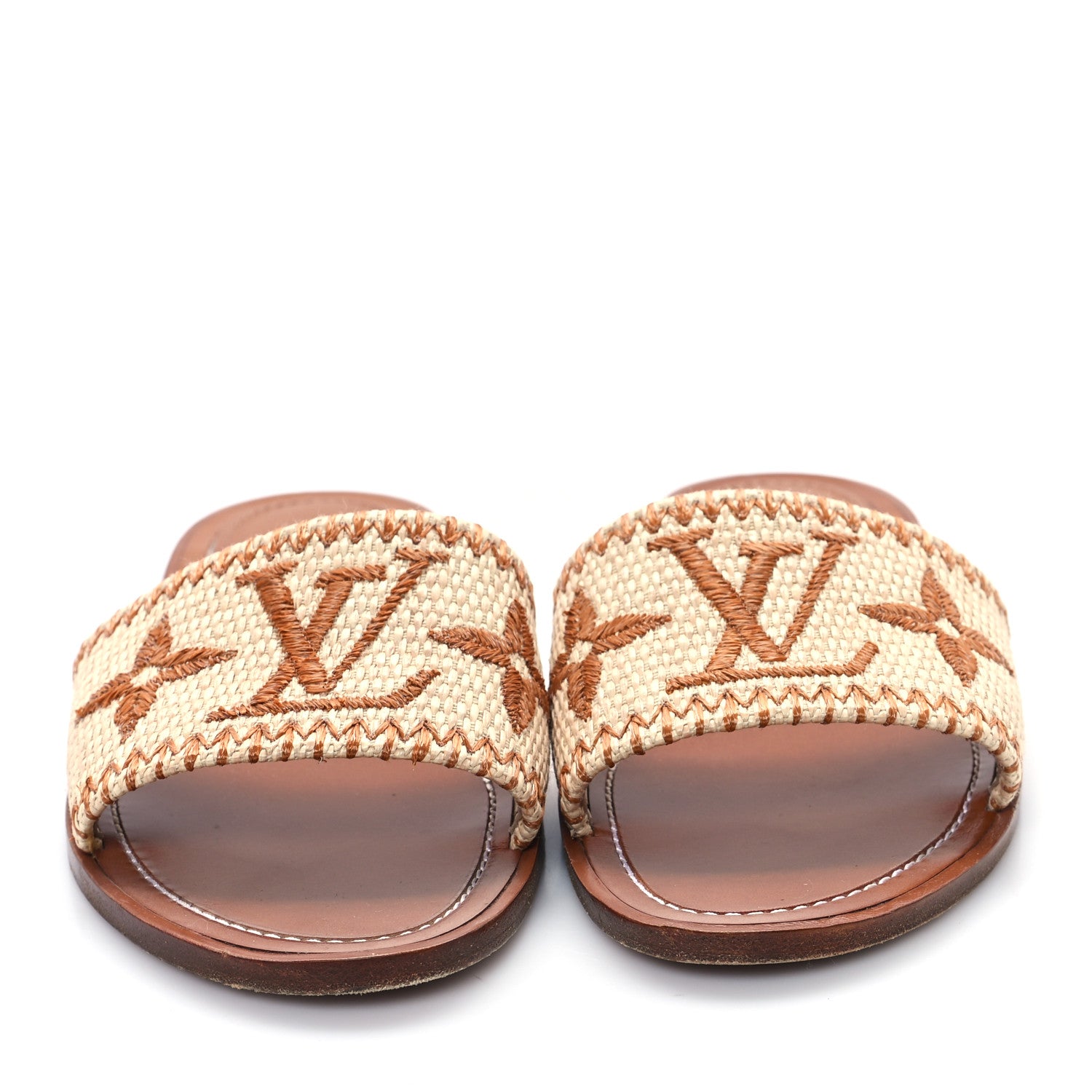 Louis Vuitton Raffia Calfskin Monogram Lock It Flat Mules 39.5 Cognac Brown 3 of 10