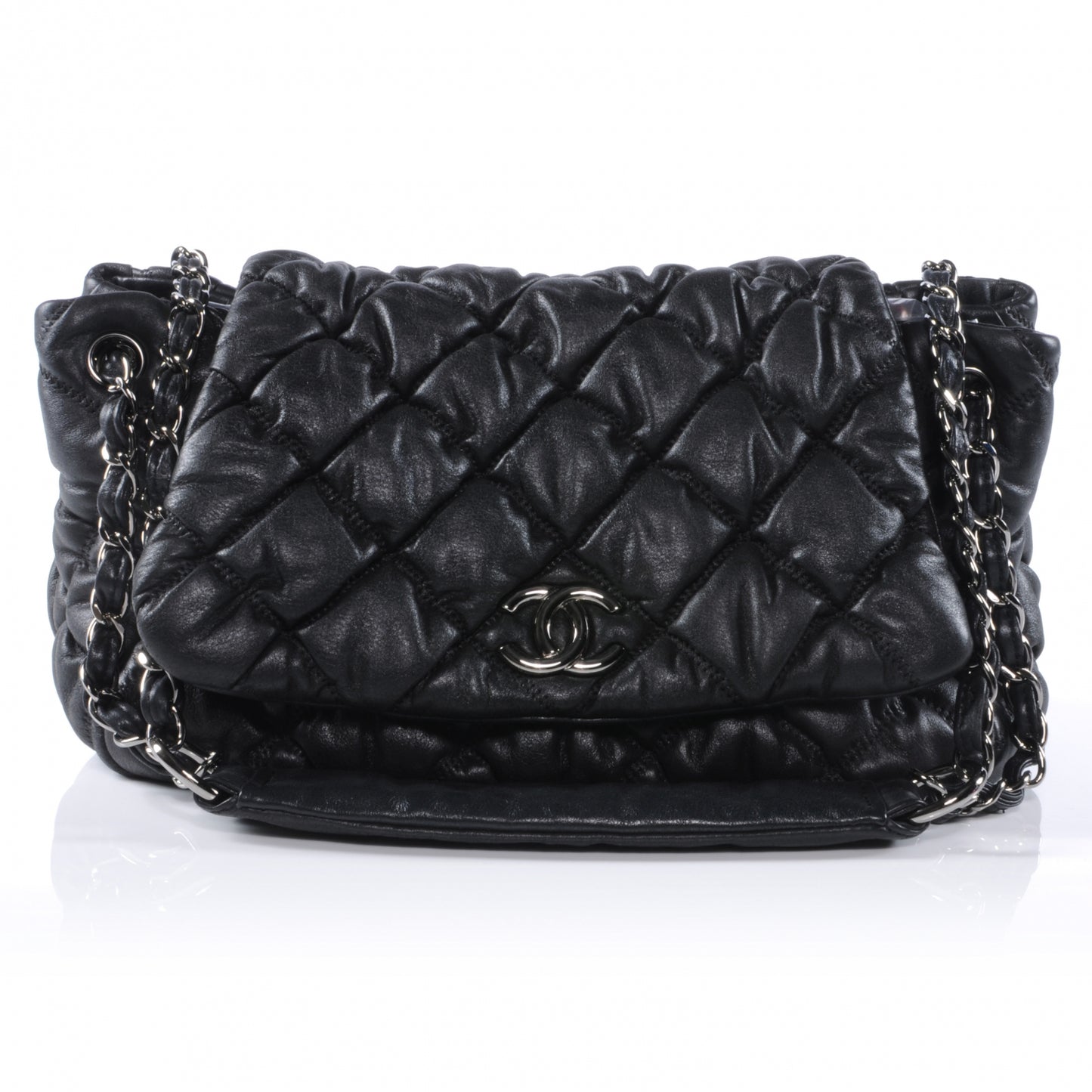 Leather Bubble Quilt Flap Bag Black