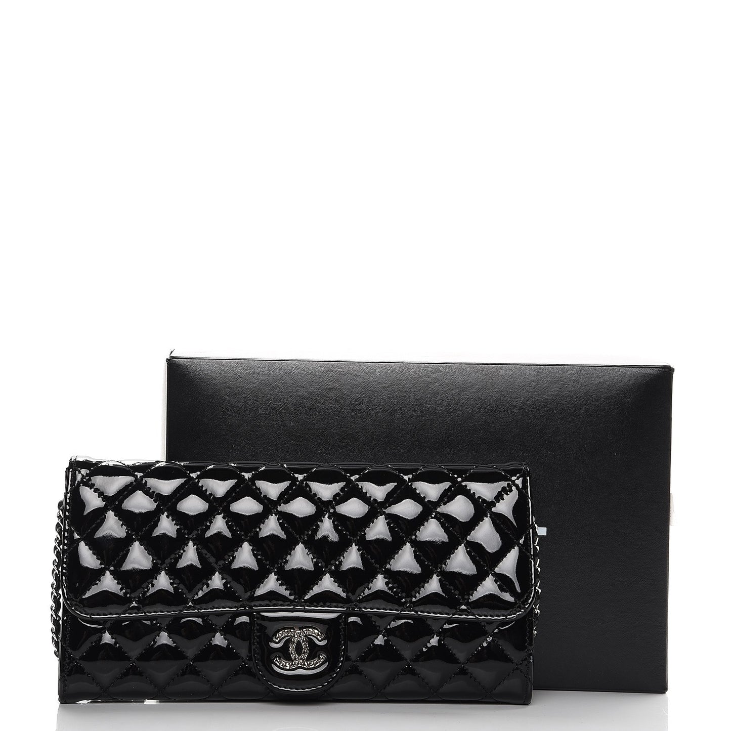 Patent Calfskin Quilted Brilliant East West Flap Clutch Black
