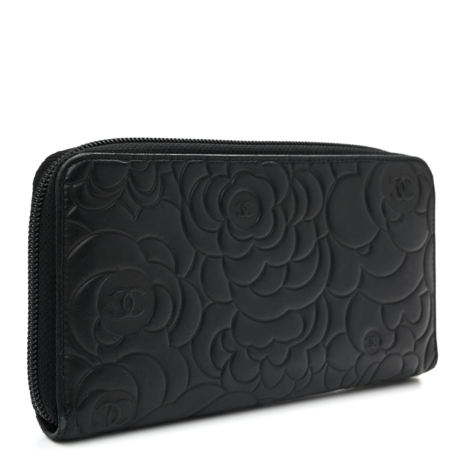 Chanel Lambskin Camellia Embossed Large Zip Around Gusset Wallet Black 3 of 11