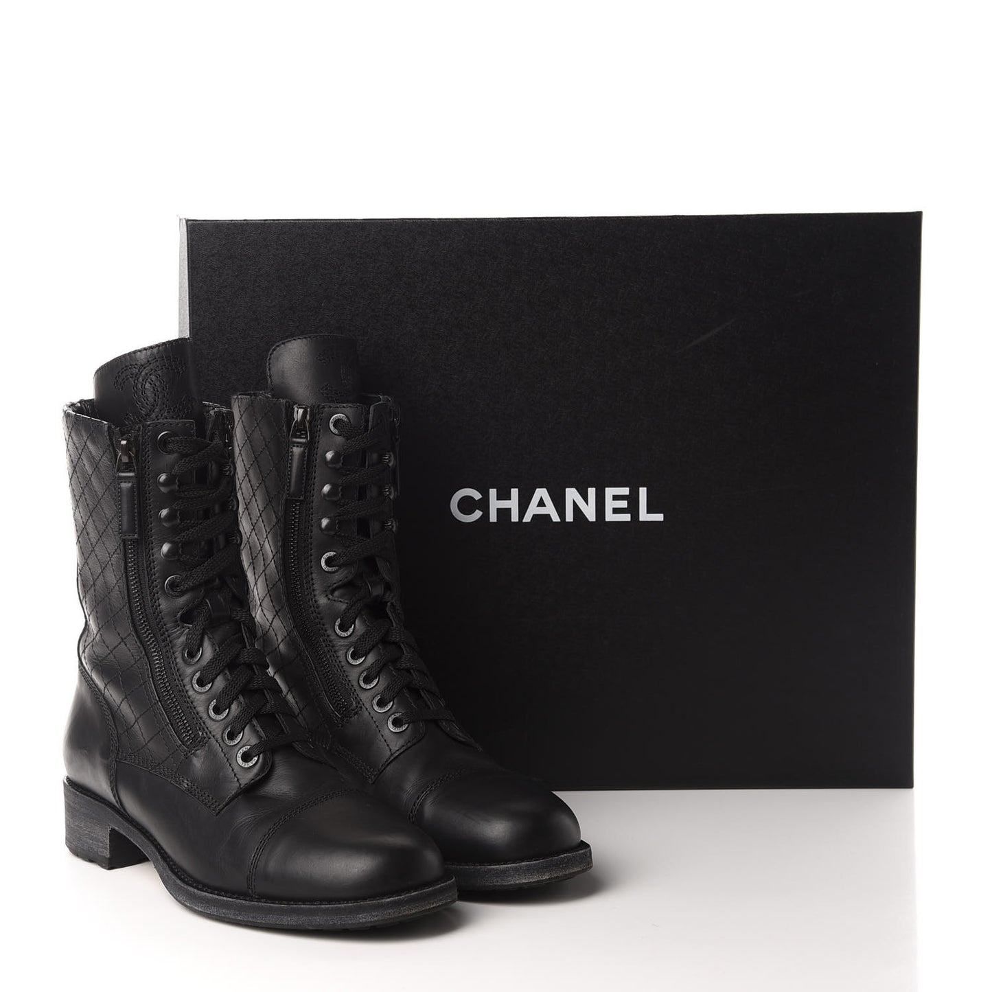 Calfskin Quilted Cap Toe Combat Boots 40 Black