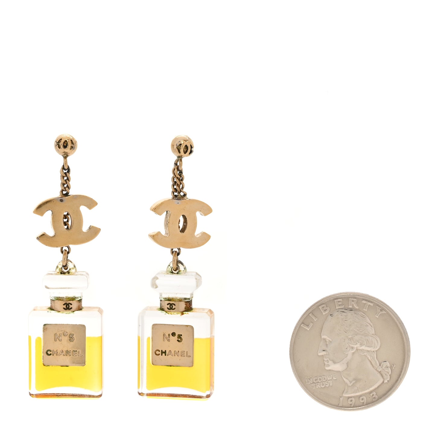 N°5 Perfume Bottle CC Drop Earrings Gold