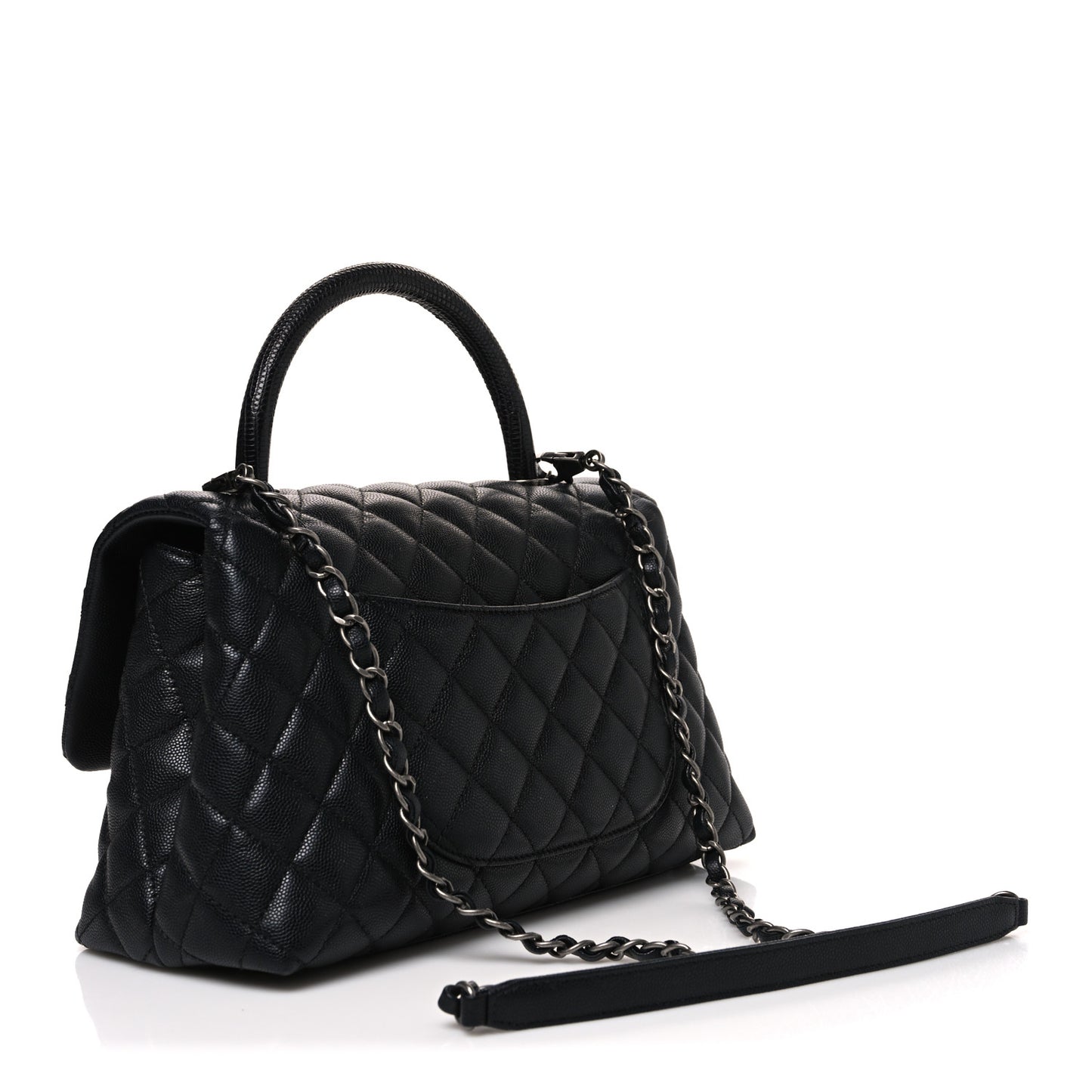 Caviar Lizard Embossed Quilted Small Coco Handle Flap Black