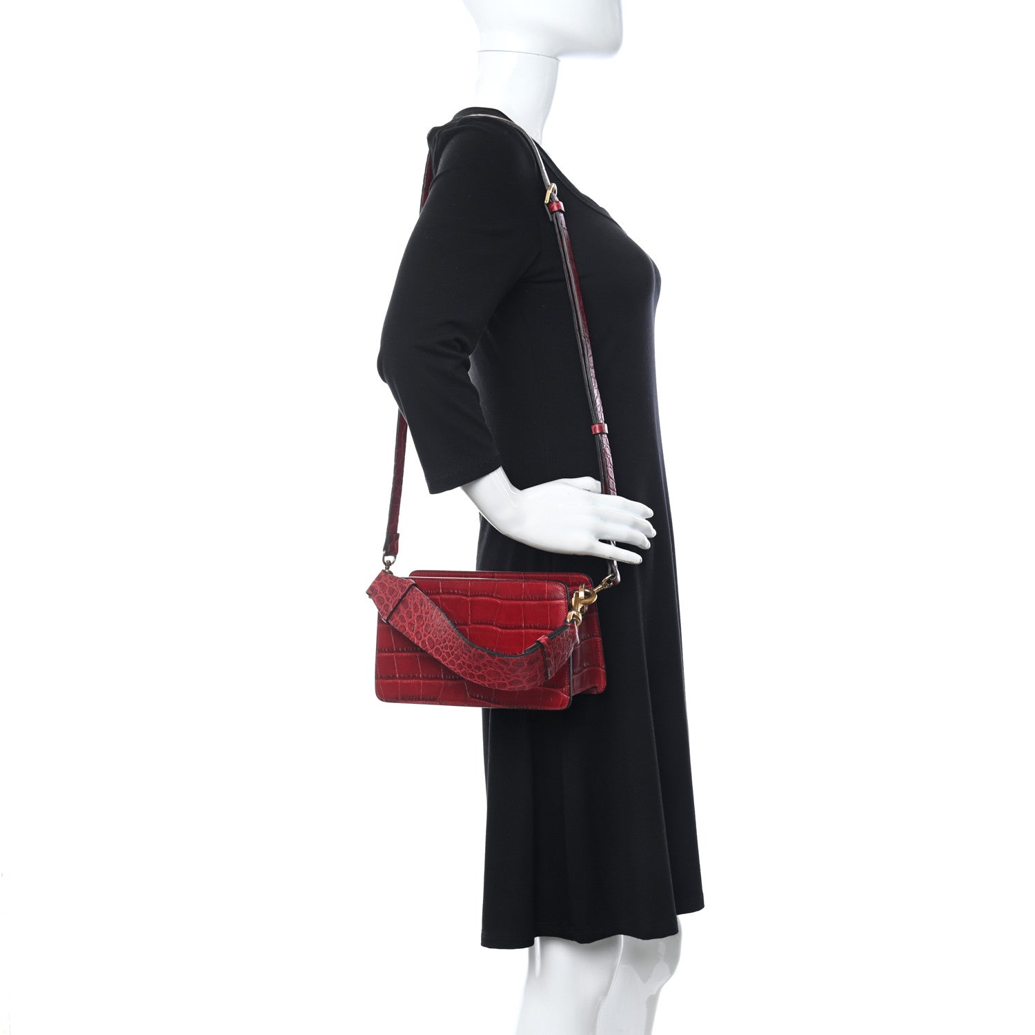 Lanvin Calfskin Crocodile Embossed Shoulder Bag Red 2 of 10
