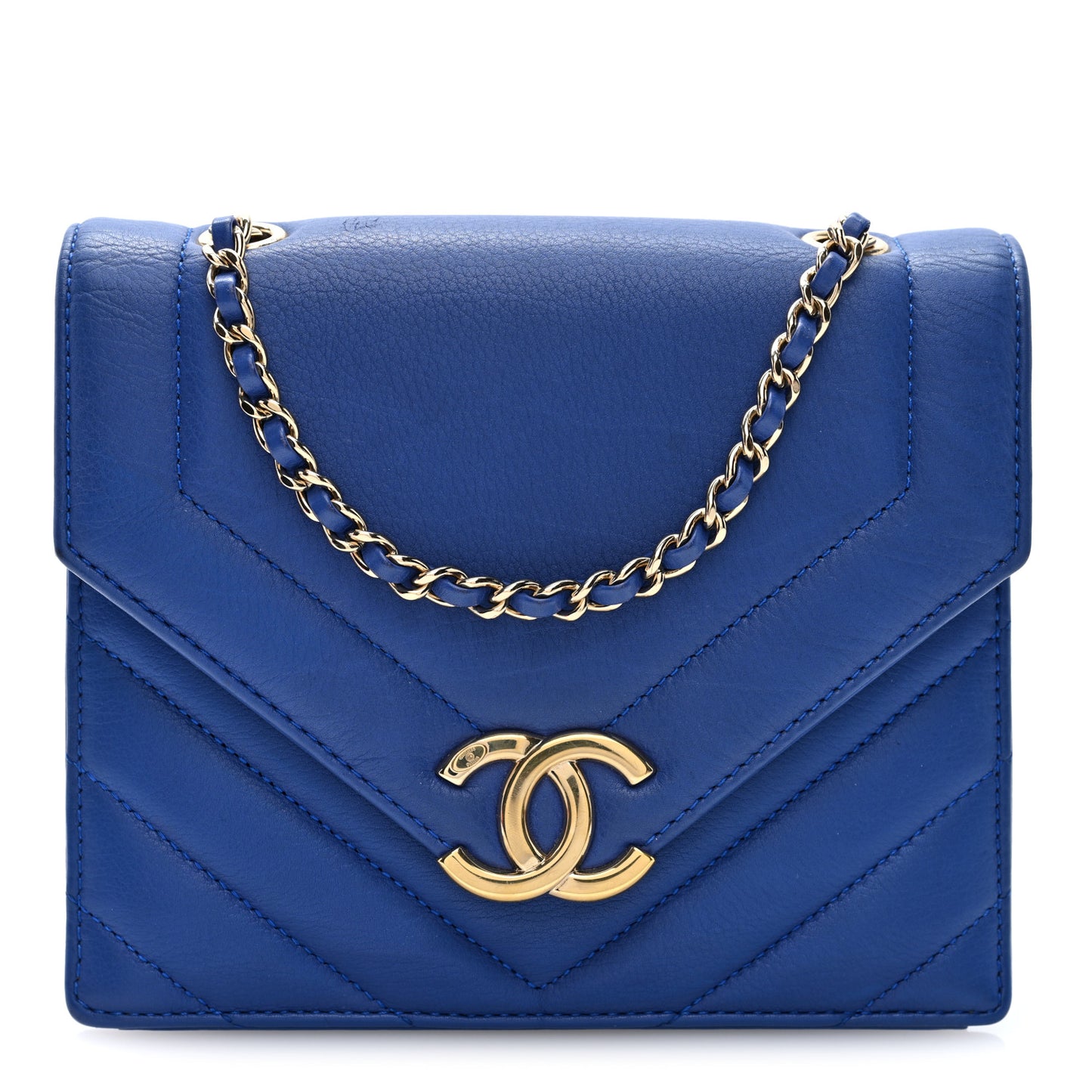 Calfskin Quilted Chevron Small Single Flap Blue
