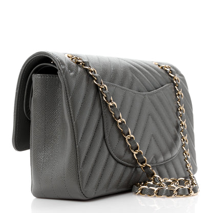 Chanel Caviar Chevron Quilted Medium Double Flap Dark Grey 3 of 11