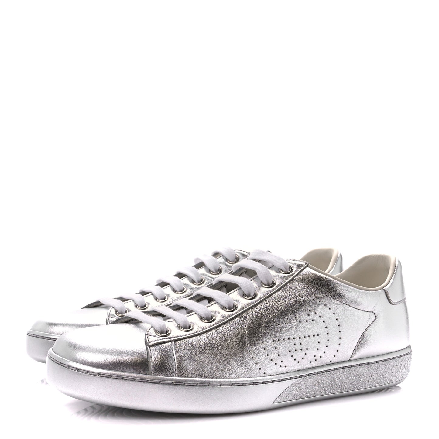 Metallic Nappa Interlocking G Perforated Womens Ace Sneakers 38 Silver