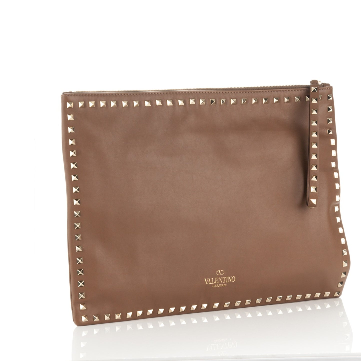 Vitello Oversized Rockstud Zip Wristlet Pouch Brownish