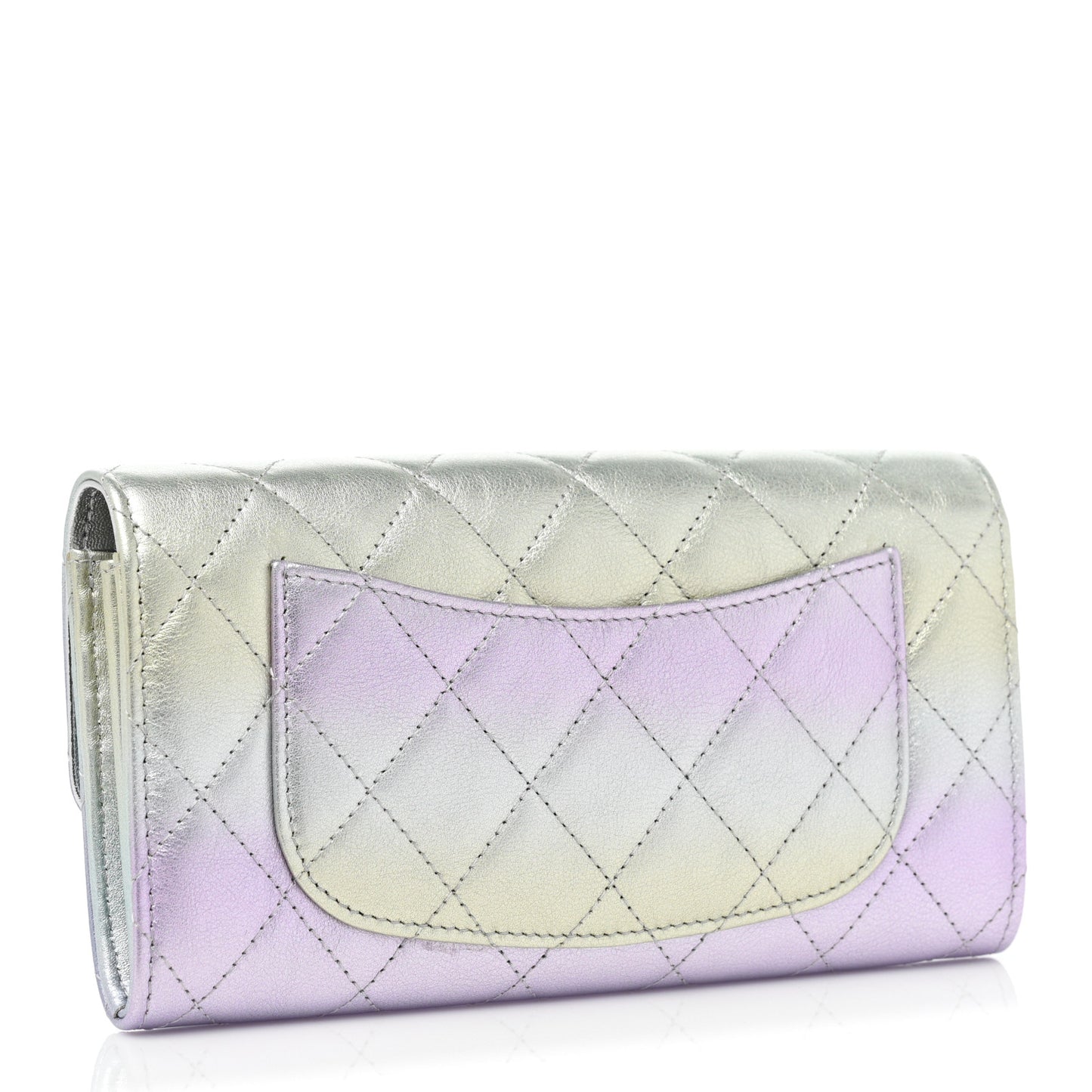 Gradient Metallic Calfskin Quilted Large Gusset Flap Wallet Silver Blue Yellow Purple
