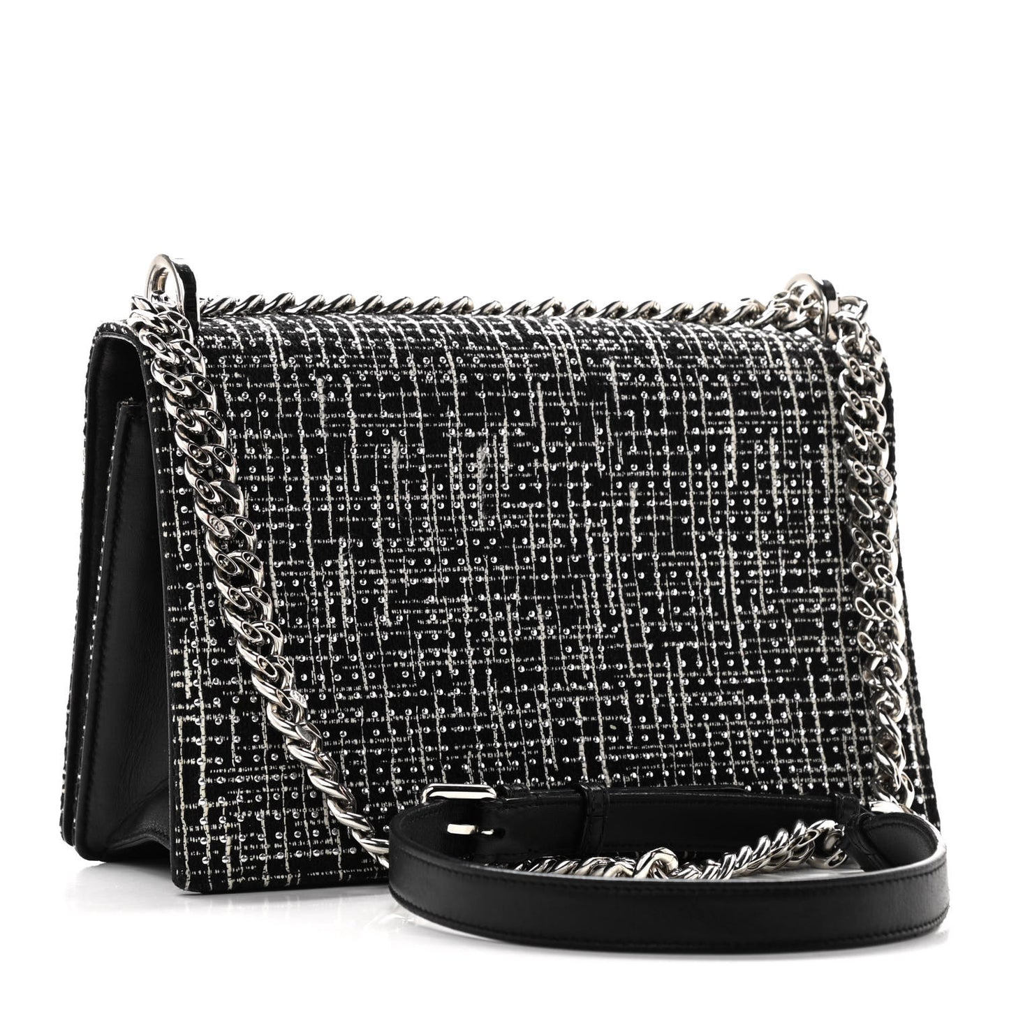Tweed Embellished Diorama Flap Bag Black White