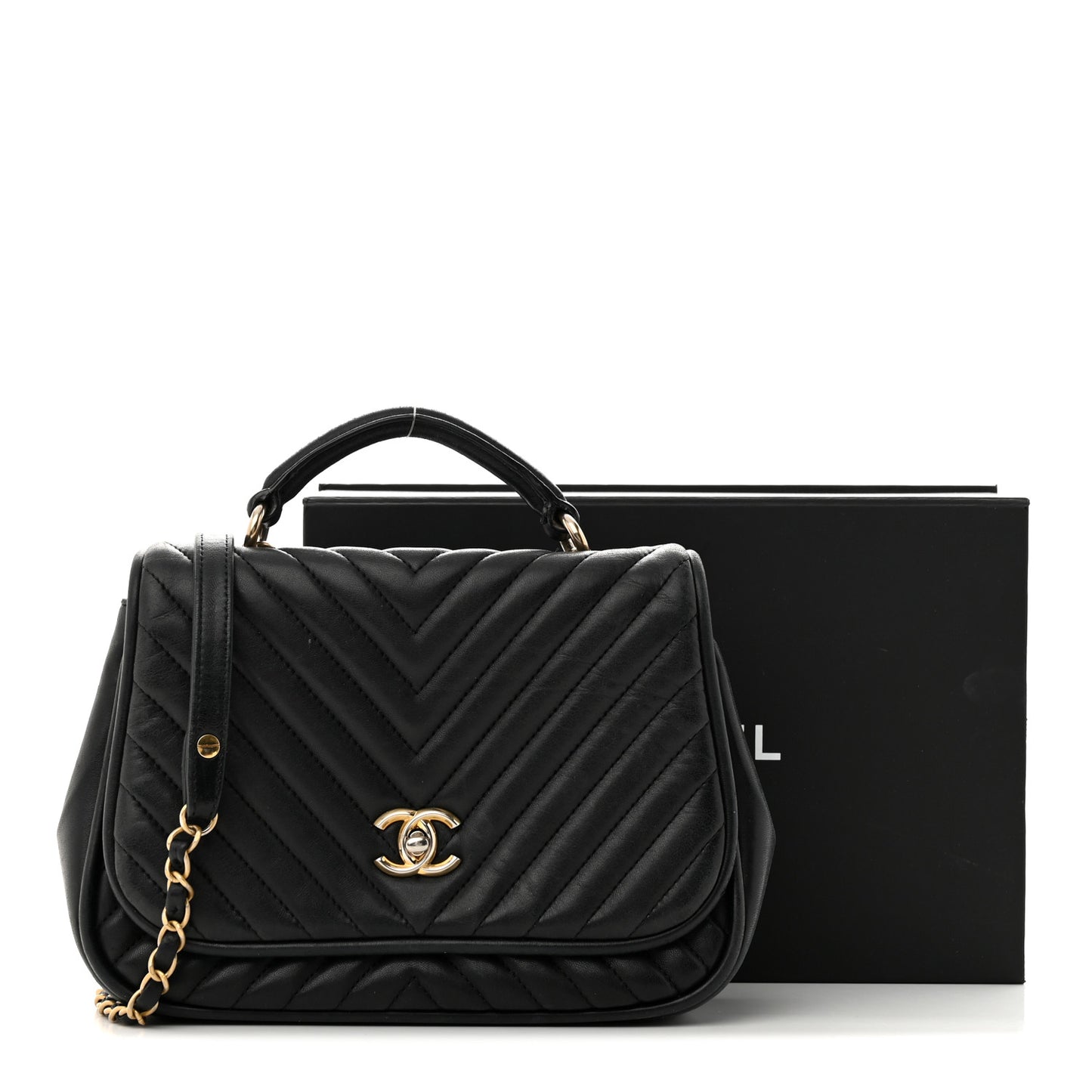 Lambskin Reverse Chevron Quilted Round Top Handle Flap Black