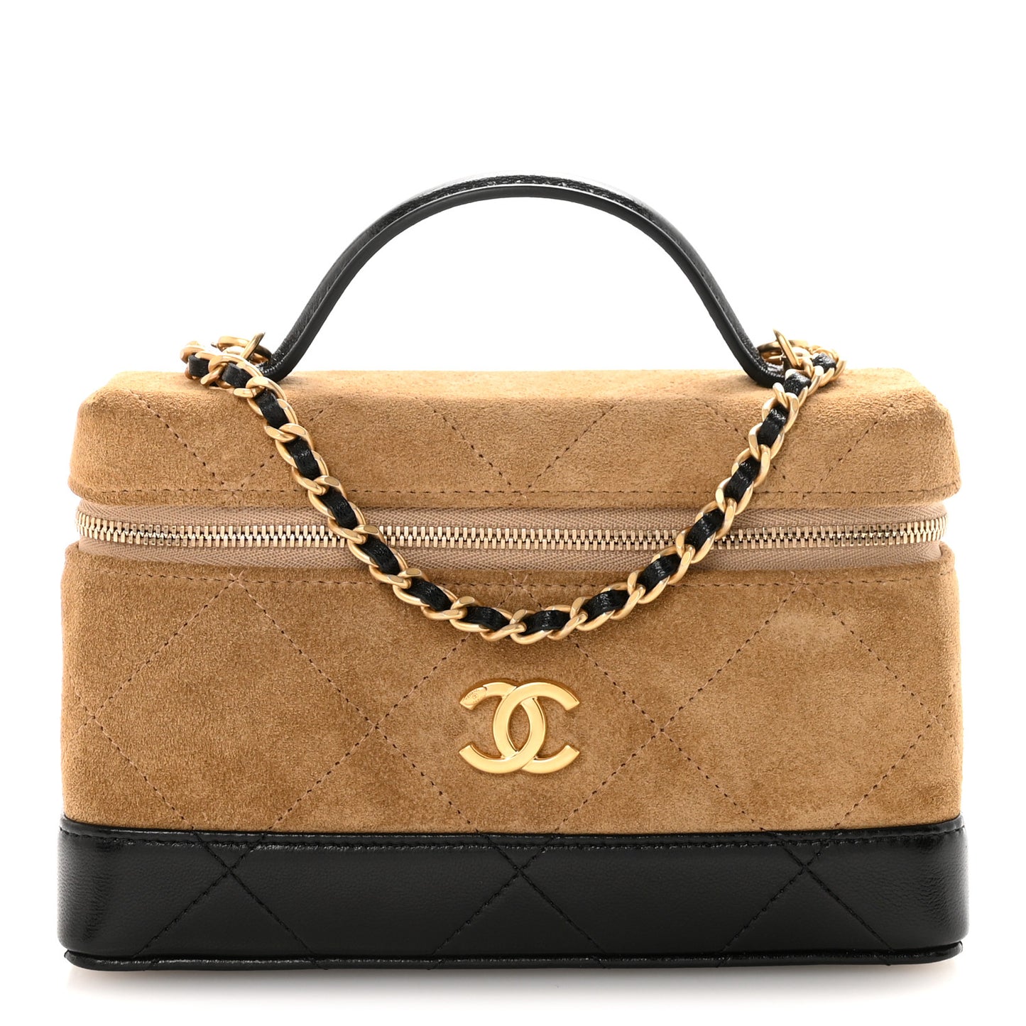 Suede Calfskin Shiny Lambskin Quilted Top Handle Slim Vanity Case With Chain Beige Black
