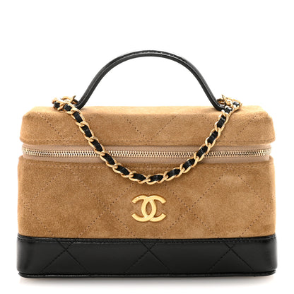 Chanel Suede Calfskin Shiny Lambskin Quilted Top Handle Slim Vanity Case With Chain Beige Black 1 of 10