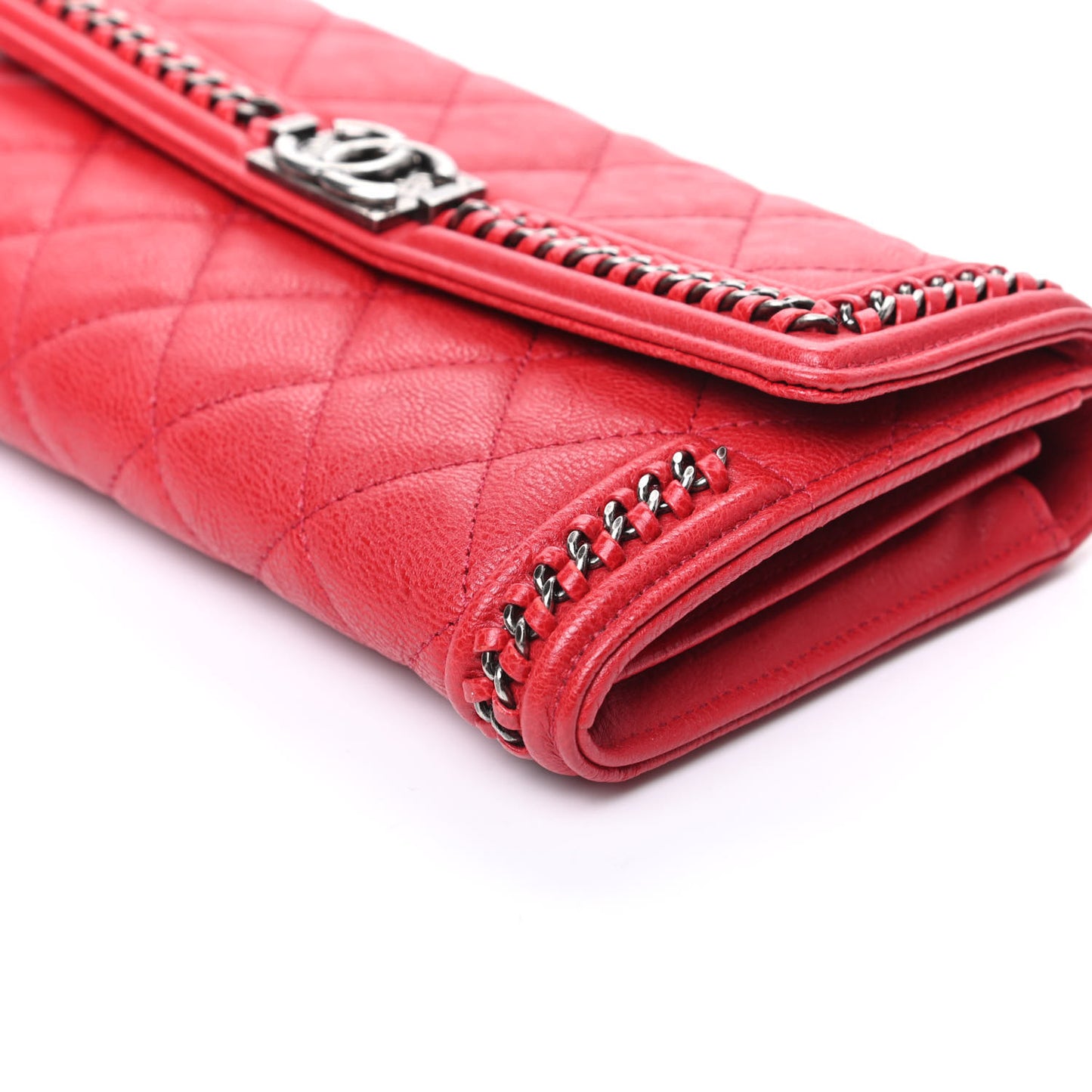 Calfskin Quilted Boy Chain Around Flap Wallet Red