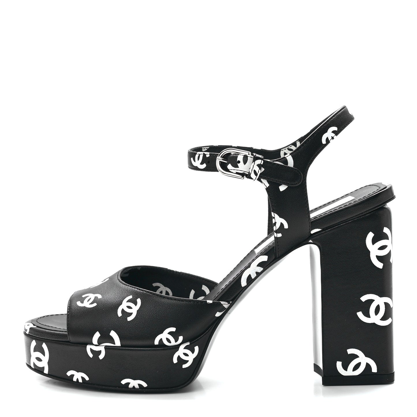 Printed Lambskin CC Platform Sandals 38 Black White