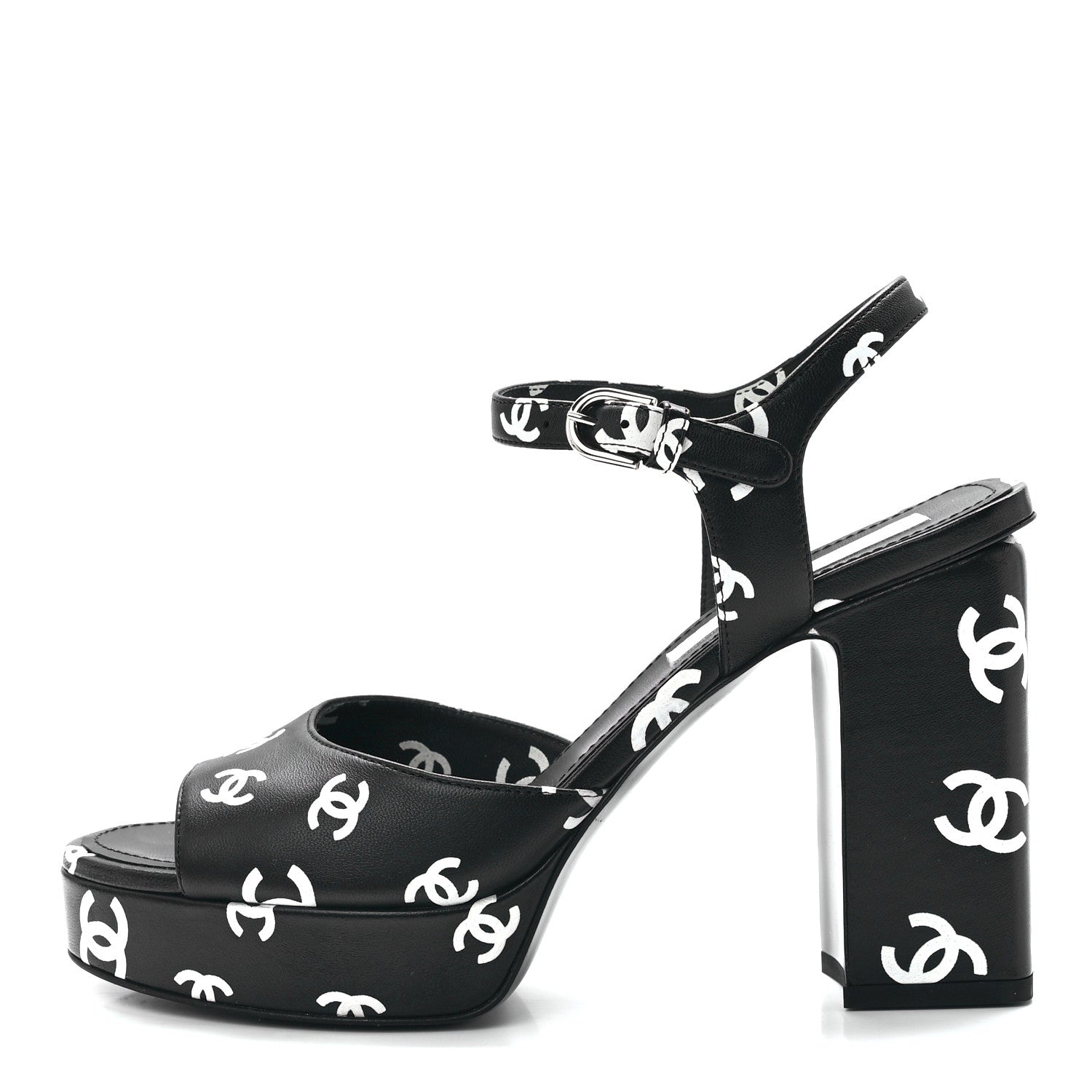 Chanel Printed Lambskin CC Platform Sandals 38 Black White 1 of 8