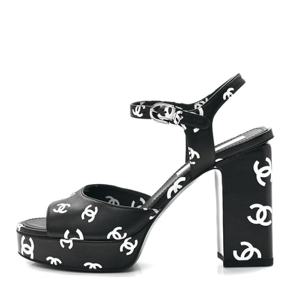 Chanel Printed Lambskin CC Platform Sandals 38 Black White 1 of 8