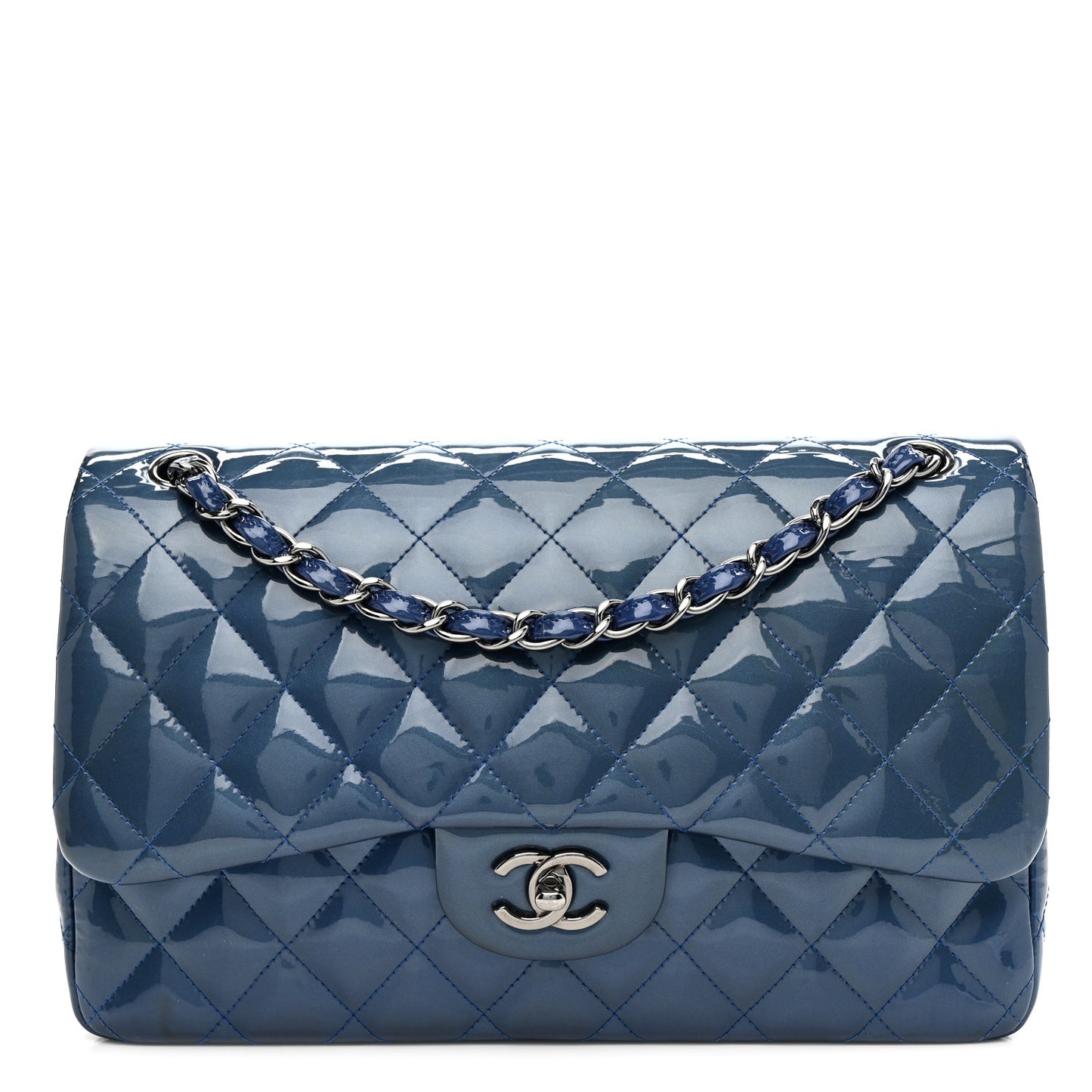 Patent Calfskin Quilted Jumbo Double Flap Blue