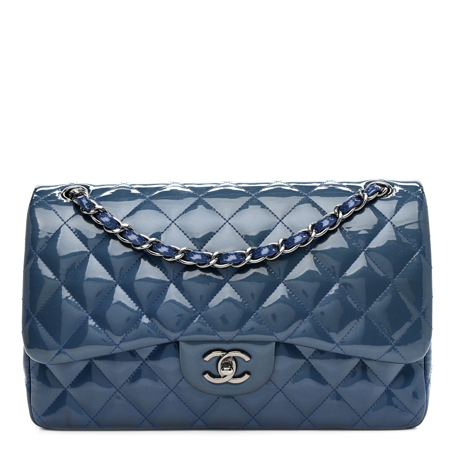 Chanel Patent Calfskin Quilted Jumbo Double Flap Blue 1 of 12