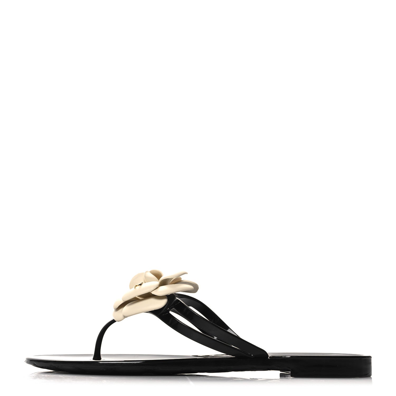 Chanel Jelly Camellia Thong Sandals 39 Black Ivory 1 of 7