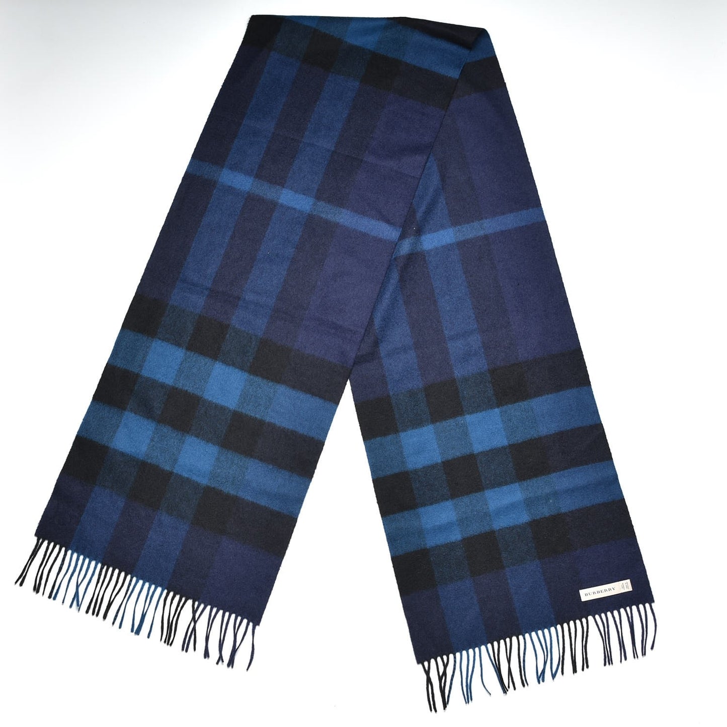 Cashmere Half Mega Check Fringe Scarf Indigo Blue