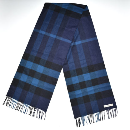 Burberry Cashmere Half Mega Check Fringe Scarf Indigo Blue 1 of 7