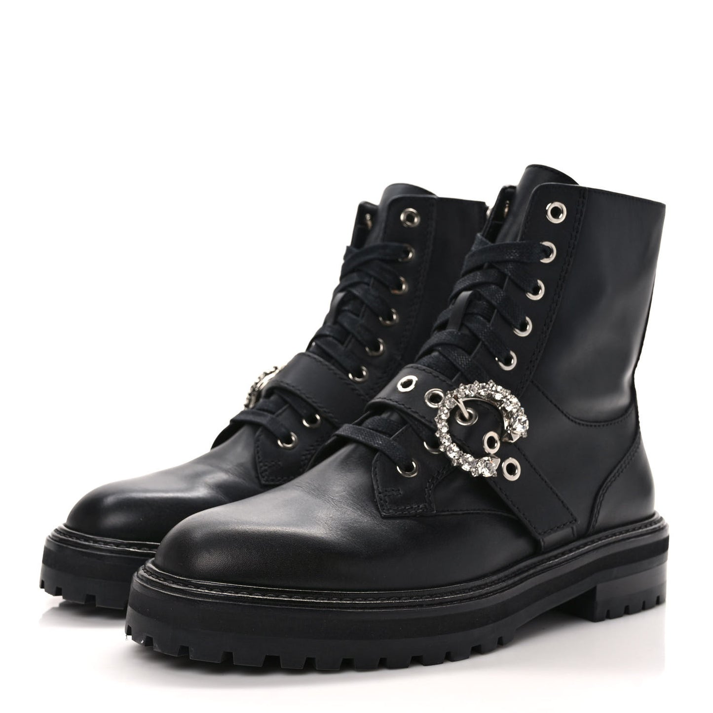 Calfskin Crystal Embellished Cora Flat Combat Boots 40 Black